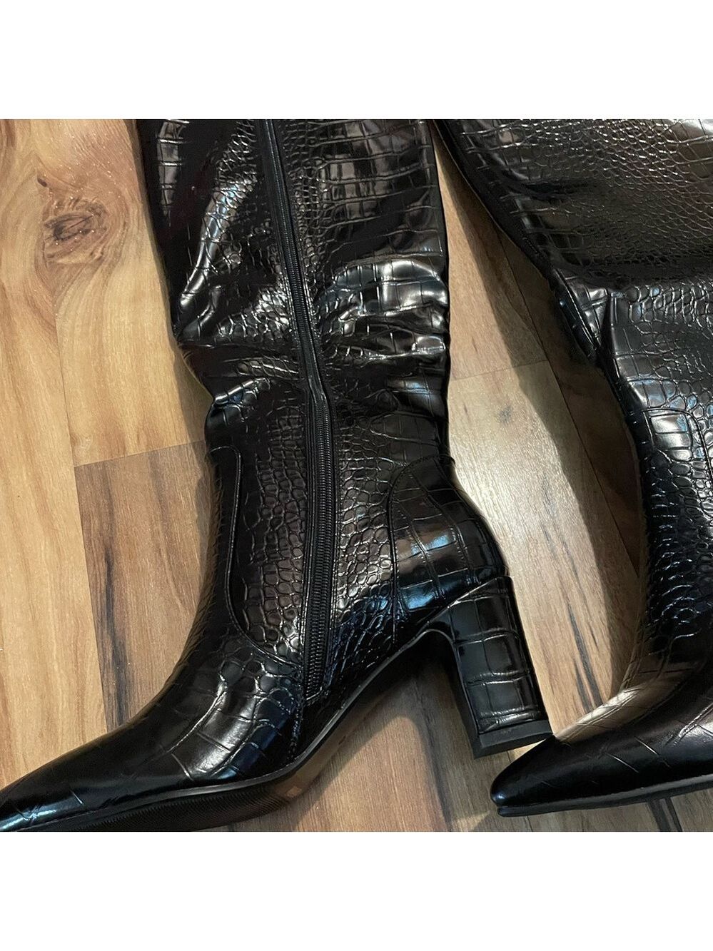 Women's Black Croc-Embossed Knee Boots - Picture 7 of 17
